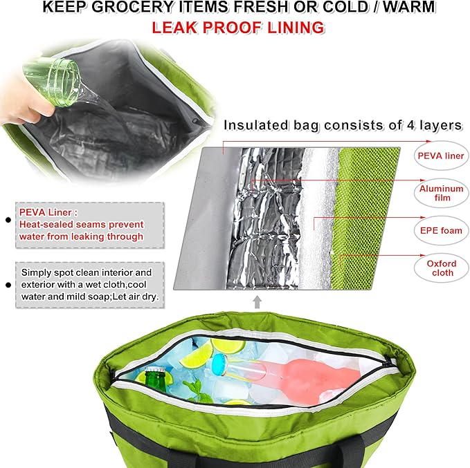 BeeGreen Insulated Cooler Bag Leakproof Freezer Shopping Tote for Groceries Thermal Food Delivery Bag