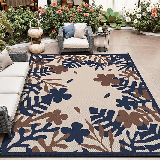 MontVoo Outdoor Rug Waterproof 8x10 ft RV Outdoor Rug for Camping Picnic Mat Outdoor Patio Rug Carpet Plastic Straw Reversible Floral Navy Orange