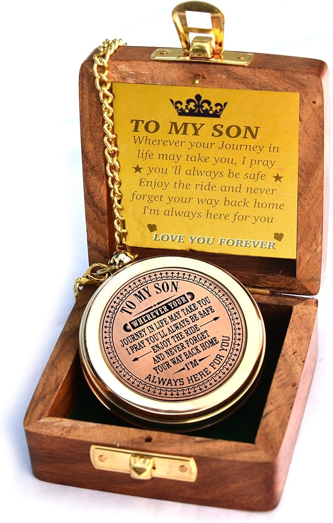 to My Son Compass with Wooden Box-Mom to Son Compass–Father to Son Gifts- to My Grandson -Graduation Day Gifts for Son-Birthday, Baptism, Graduation, Confirmation, Communion Compass for Women Men
