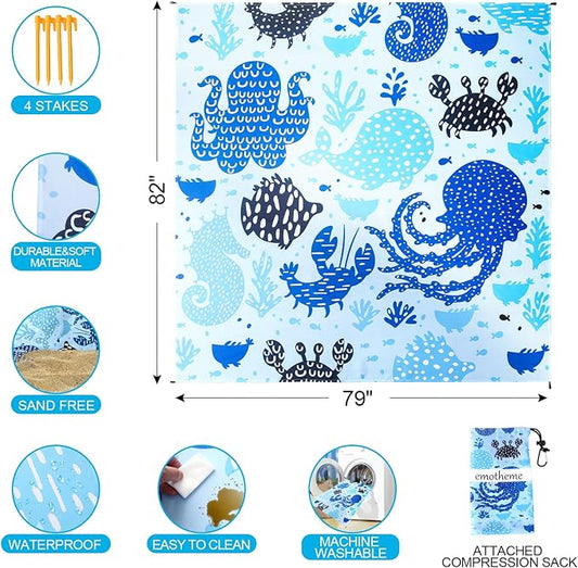 Beach Blanket, Sandproof Beach Mat 79" X 82" for 4-7 Adults, Large Waterproof Beach Blanket Quick Drying Lightweight Beach Blanket with 4 Stakes for Travel Camping Hiking (Octopus)