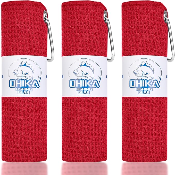 Microfiber Fishing Towels with Clip, Waffle Pattern for Effective Cleaning of Fishing Gears or Dirty Hands, 16” x 16”, Camping Towels, Hiking Towels, Pack of 3 (Red)