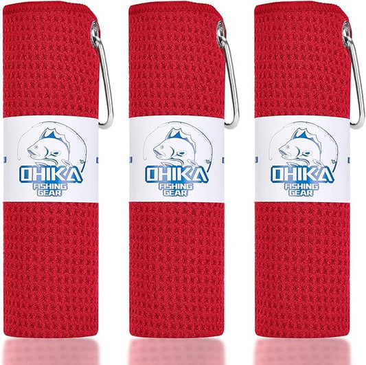 Microfiber Fishing Towels with Clip, Waffle Pattern for Effective Cleaning of Fishing Gears or Dirty Hands, 16” x 16”, Camping Towels, Hiking Towels, Pack of 3 (Red)