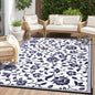 OLANLY Waterproof Outdoor Rug 8x10 ft, Outdoor Plastic Straw Rug with Flower Pattern, Reversible RV Mat for Patio, Camping, Balcony, Deck, Backyard, Navy & White