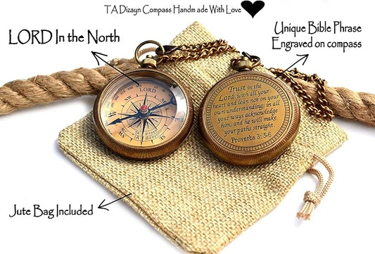 Trust in The Lord With All Your Heart - Proverbs 3:5-6 Quote Engraved Compass With Wooden Box, Greeting Card, Gift Compass, Graduation Day Gifts 2024 for Women Men Boys Girls