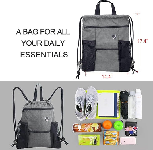 BeeGreen Drawstring Backpack Sports Gym Bag With Shoe Compartment and Two Water Bottle Holder …