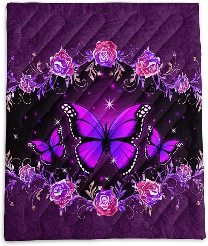 Axolotl Purple Butterfly Camping Blanket,Roses Floral Lightweight Puffy Camping Blanket,Glitter Starry Portable Outdoor Blanket,Magical Waterproof Blanket for Cold Days Plane Picnic Beach Backpacking