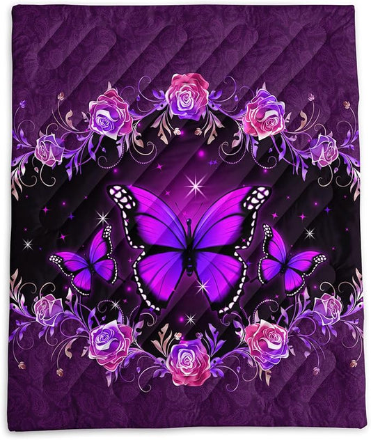 Axolotl Purple Butterfly Camping Blanket,Roses Floral Lightweight Puffy Camping Blanket,Glitter Starry Portable Outdoor Blanket,Magical Waterproof Blanket for Cold Days Plane Picnic Beach Backpacking
