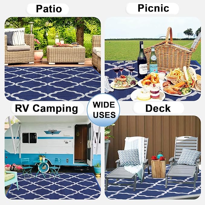 OutdoorLines Outdoor Plastic Area Rugs for Patio 6x9 ft - Reversible Outside Carpet, Stain & UV Resistant RV Mats, Straw Rug for Camping, Deck Garden, Porch and Balcony, Moroccan Navy & Light Grey