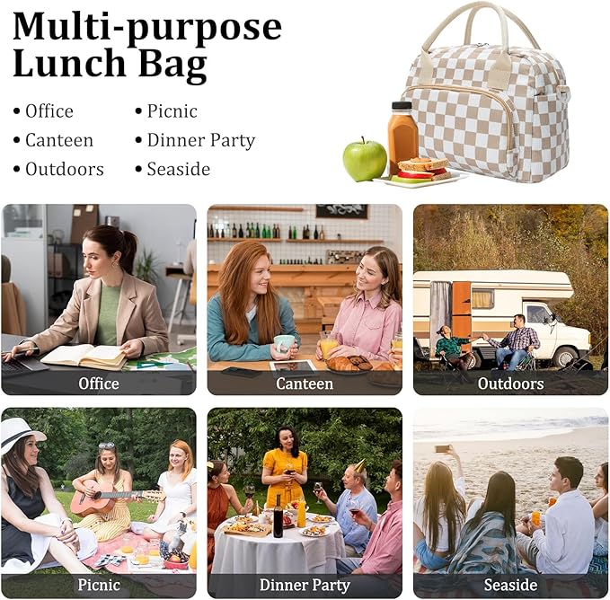 Insulated Lunch Bag for Women Men Large Reusable Lunch Box Adult Leakproof Portable Cooler Tote Bags for Work Picnic (khaki plaid)