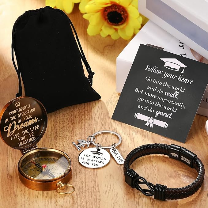 Quelay 5 Pcs Compass Graduation Gift Class of 2025 Engraved Compass Keychain Leather Stainless Steel Knot Bracelet Inspirational Card and Drawstring Bag High School College Graduation Gifts for Him