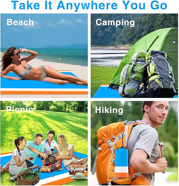 Beach Blanket, Waterproof Sandproof Beach Mat Oversized 79 X 83 Inch for 4-6 Adults, Lightweight Picnic Blanket, Portable Picnic Mat for Outdoor Travel Camping Hiking with 4 Stakes & 4 Corner Pocket