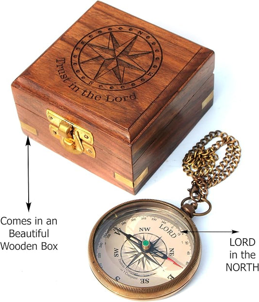 Trust in The Lord with All Your Heart -Proverbs 3: 5-6 Quote Engraved Compass with Wooden Box. Greeting Card, Inspirational Gift Men, Christian Boys Baptism Gifts, Graduation Day