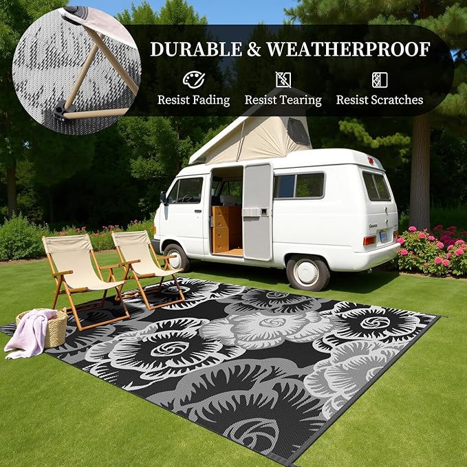 MontVoo Outdoor Rug-Waterproof Camping Rug Patio Rug Mat 6x9 ft Reversible Plastic Straw Outside Outdoor Rug for RV Camping Picnic Beach Balcony Backyard Pool Deck Porch Farmhouse Floral Black