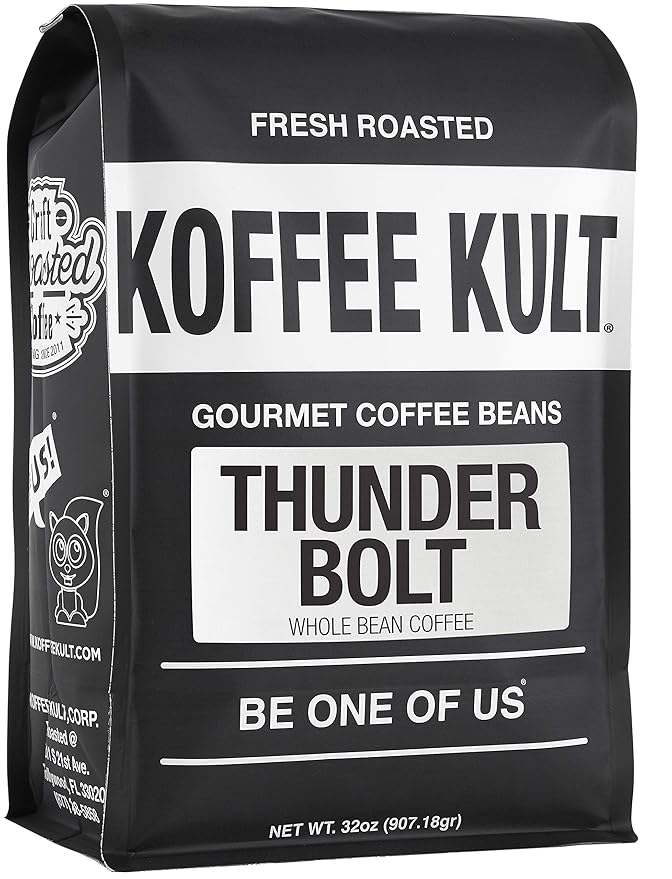 Koffee Kult Thunder Bolt Dark French Roast Whole Bean Coffee Small Batch 100% Arabica Gourmet Blend, Bold and Well Balanced 32oz Resealable Package