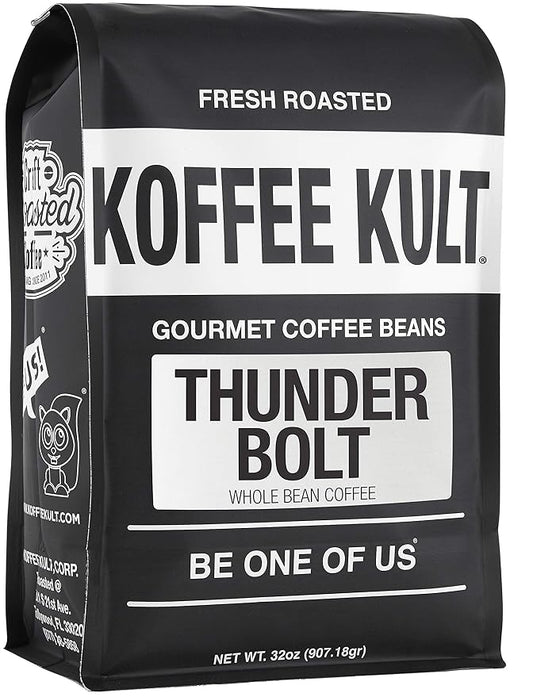 Koffee Kult Thunder Bolt Dark French Roast Whole Bean Coffee Small Batch 100% Arabica Gourmet Blend, Bold and Well Balanced 32oz Resealable Package