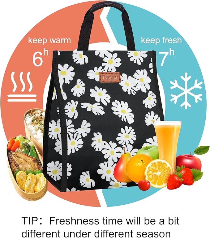 Lunch Bags for Women Insulated Reusable Lunch Tote with Internal Pocket, Lunch Tote bag for Work（Daisy）