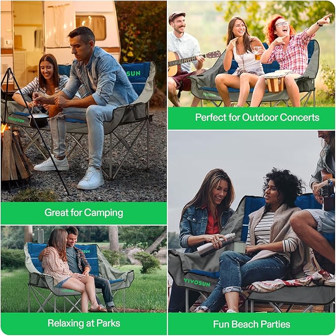 VIVOSUN Double Camping Chair, Fully Padded Folding Loveseat, Oversized Duo Chair with Cup & Wine Glass Holders, Pocket, Armrests & Carry Bag