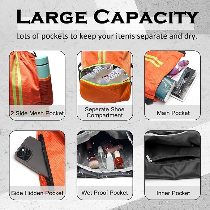 Sports Drawstring Backpack, Gym Bag for Men Women with Shoe Compartment, Waterproof Pocket, Drawstring Swim Bag (Orange)