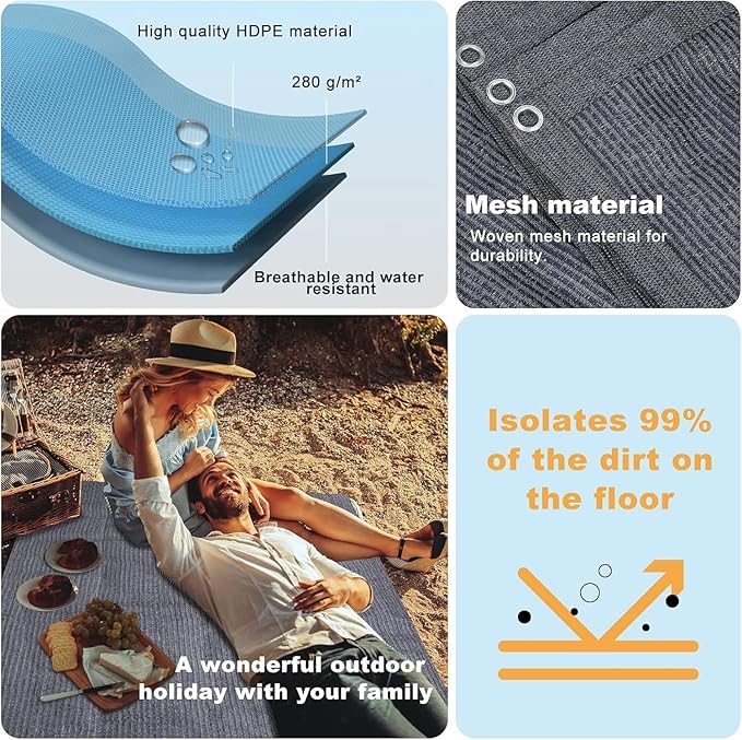 FoundGo Awning Carpet HDPE Camping Outdoor Rug with Eyelets,Nails,Broom,for RV,Patio,Backyard,Picnic,Beach,Trailer 9'*6' (2.74 * 1.83m) -Blue Grey