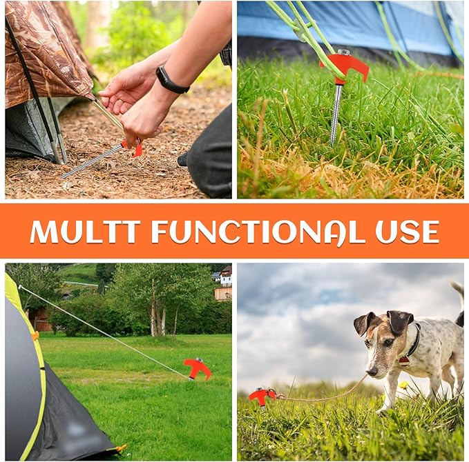 8" Screw in Tent Stakes - Ground Anchors Screw in, New Metal Threaded Tent Spikes, Screw in Tent Stakes Heavy Duty, Tent Stakes for Outdoor Camping (4 PCS)