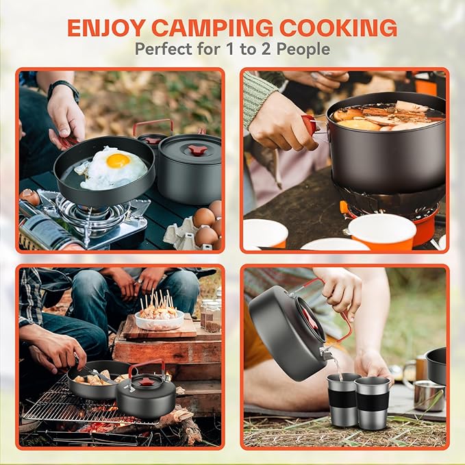 Sportneer Camping Cookware, Non-Stick Lightweight Pots Pan Set with Stainless Steel Cups Plates Forks Knives Spoons for Camping, Backpacking, Outdoor Cooking and Picnic