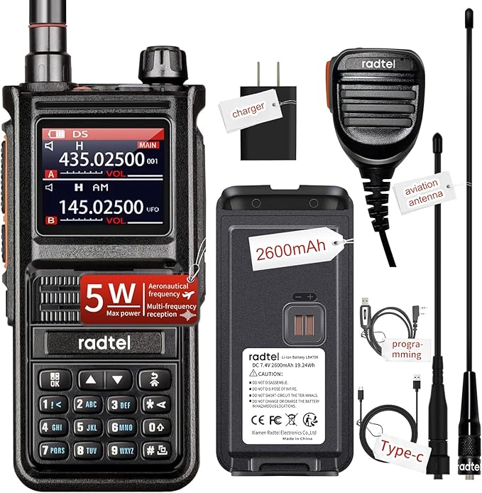 Radtel RT-470X Multi-Bands Ham Radio with NOAA Weather Receiver Handheld Long Range Walkie Talkies 256CH Air Band Two Way Radio Police Marine Transceiver Dual PTT USB-C (add mic,Cable,air Antenna)
