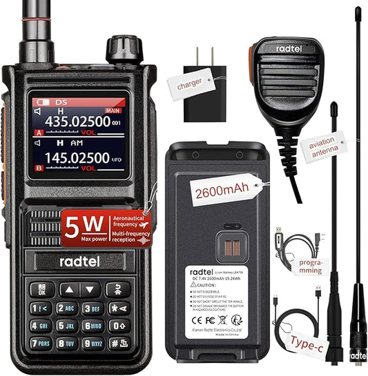 Radtel RT-470X Multi-Bands Ham Radio with NOAA Weather Receiver Handheld Long Range Walkie Talkies 256CH Air Band Two Way Radio Police Marine Transceiver Dual PTT USB-C (add mic,Cable,air Antenna)