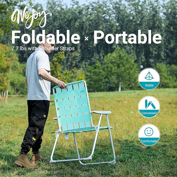 #WEJOY Folding Beach Chair for Adults, Lightweight Beach Chair with Shoulder Straps, High Back Beach Chairs with Hard Armrest, Supports 300lbs for Beach Lawn Concert