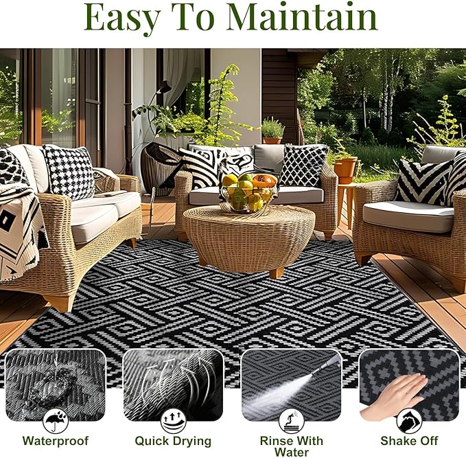 OPPODREAM Outdoor Rug 4x6 Ft, Waterproof Outdoor Plastic Straw Rug for Patio, Reversible Out Door Carpet for Camping, Deck, Rv, 4 x 6 Area Carpet for Balcony, Porch, Backyard, Black and Grey