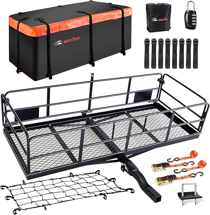 MeeFar High Rail Trailer Folding Hitch Mount Cargo Carrier Basket 60" X 24" X 14"+Waterproof Cargo Bag 20 cu ft(59" 24" 24"), Capacity of 500 Lbs with Hitch Stabilizer, Net, Lock and Straps