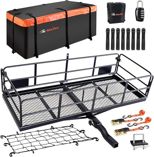 MeeFar High Rail Trailer Folding Hitch Mount Cargo Carrier Basket 60" X 24" X 14"+Waterproof Cargo Bag 20 cu ft(59" 24" 24"), Capacity of 500 Lbs with Hitch Stabilizer, Net, Lock and Straps