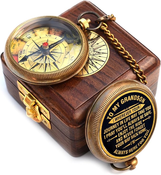 Gift for Grandson Brass Compass Engraved Quote | Memory Present to My Grandson Birthday, Baptism, Graduation, Confirmation, Love, Gift idea by Grandpa Grandma, 2025 Gift