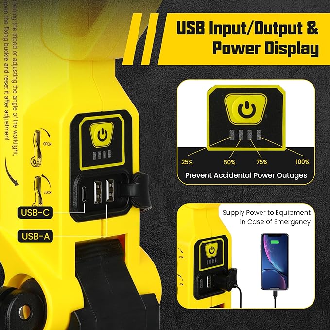 Rechargeable Cordless LED Work Light with Stand 8000 Lumen Portable LED Portable Job Site Lighting Dimmable Led Work Light for indoor/outdoor Lighting（Yellow）
