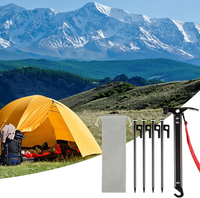 Tent Stakes Heavy Duty & Hammer Set,with 12in Tent Stake Remover +10 in Steel Tent Pegs+Storage Bag +Fluorescent Rubber Circle for Camping Used on Rocks, Grassland,Canopies (10"- 4pack & 12" Hammer)