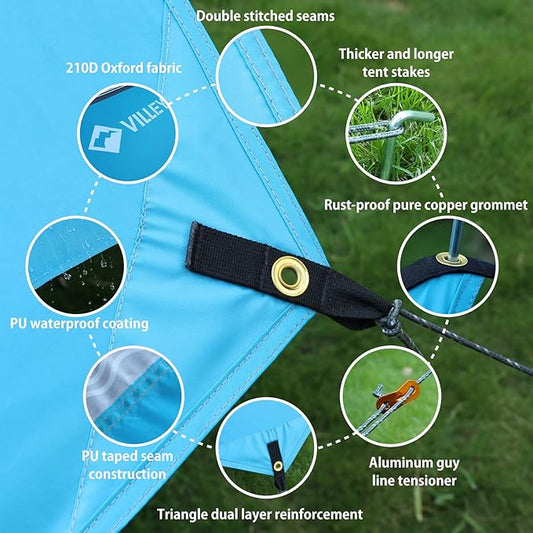 VILLEY Waterproof Hammock Tent Rain Fly, Octagonal Camping Tarp, Sun Shelter for Camping, Backpacking, Hiking, Accessory Includes Stakes, Ropes and Carry Bag (Blue)