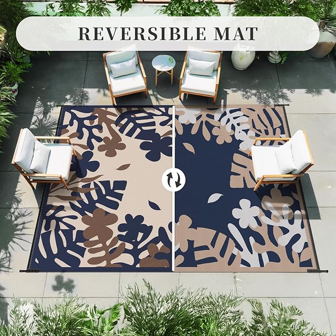 MontVoo Outdoor Rug Waterproof 8x10 ft RV Outdoor Rug for Camping Picnic Mat Outdoor Patio Rug Carpet Plastic Straw Reversible Floral Navy Orange
