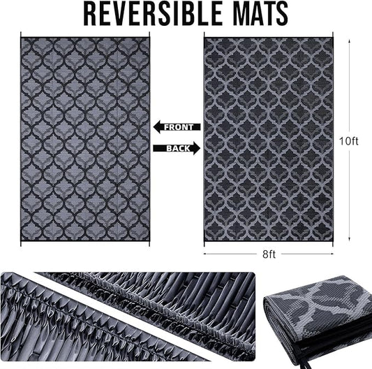 OLANLY Reversible Outdoor Rug 8x10 ft Clearance, Waterproof Outdoor Plastic Straw Rug with Interlacing Pattern, RV Mat for Patio, Camping, Balcony, Deck, Backyard, Black & Grey