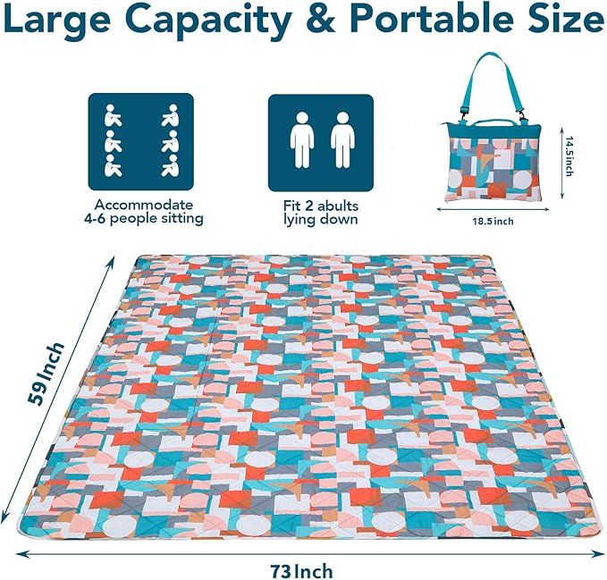 Picnic Blankets Extra Large, Waterproof Sandproof Packable Outdoor Beach Blanket Oversized 73x59”, 3-Layer Picnic Mat for Camping Hiking Travel Park with Easy-Carrying Tote Bag (Orange Geometry)