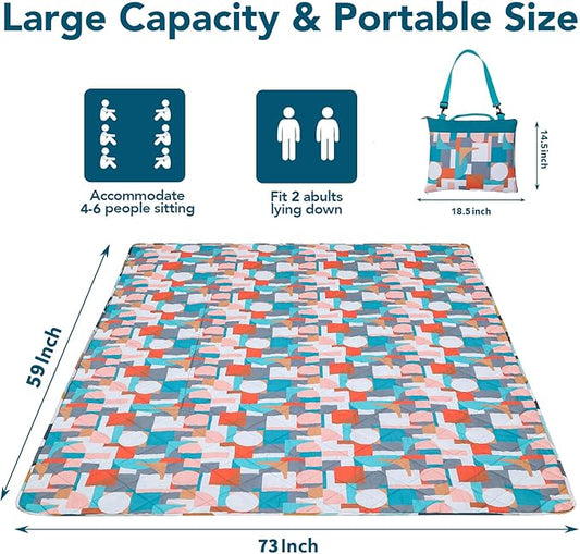 Picnic Blankets Extra Large, Waterproof Sandproof Packable Outdoor Beach Blanket Oversized 73x59”, 3-Layer Picnic Mat for Camping Hiking Travel Park with Easy-Carrying Tote Bag (Orange Geometry)