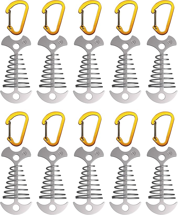 NACETURE Deck Anchors Pegs with Carabiners - Tie Down Anchor Rope Tensioner | Rope Tent Tie Down Stakes Clips, Canopy Tent Anchors Outdoor Camping Tent Accessories 10 Pack (Sliver)