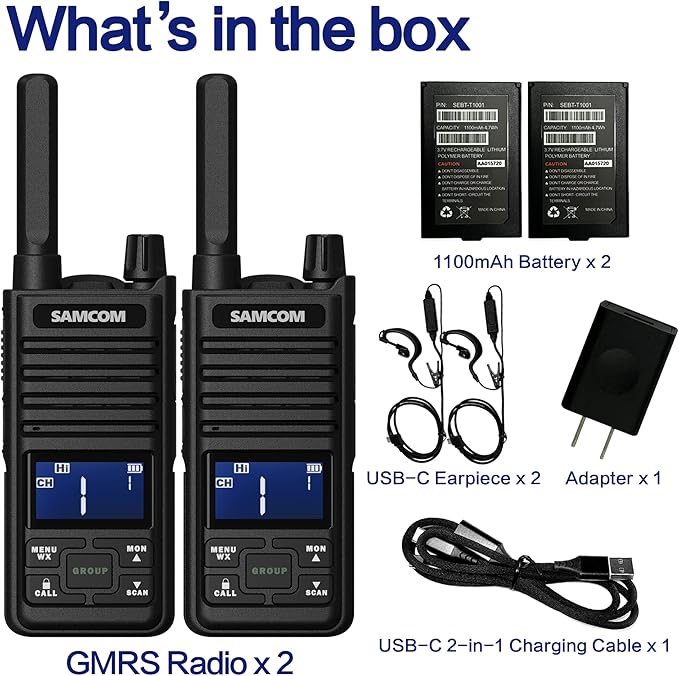 Samcom T2 GMRS Two Way Radio, 2 Watt Long Range Walkie Talkies for Adults, 121 Privacy Codes Type C Rechargeable Walkie Talkies with USB Earpiece, NOAA Weather Alerts, Scan, Group Talk(2 Pack Black)