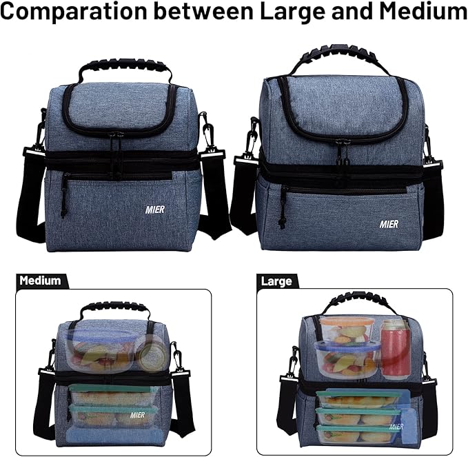 MIER 2 Compartment Lunch Bag for Men Women, Leakproof Insulated Cooler Bag for Work, Bluesteel, Medium
