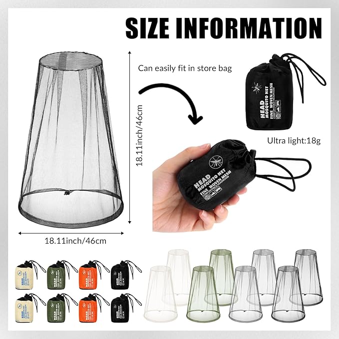 Tudomro 8 Pcs Mosquito Head Face Fly Netting Hood Mosquito Net Hat 18 x 18 Inch Bug Net for Head with Carry Bags(Mixed Color)