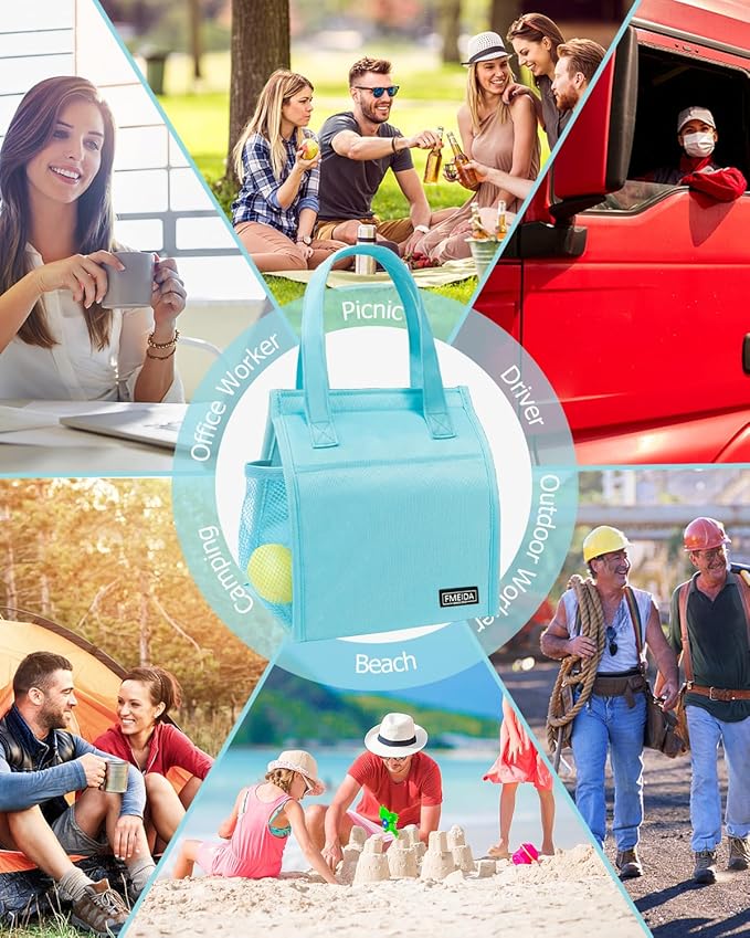 Fmeida Insulated Lunch Bag Women, Simple Lunch Tote Bags, Waterproof Thermal Cooler Lunch Bag, Reusable Adult Lunch Box Bag for Women | Medium Sky Blue, Front&Side&Interior Pockets