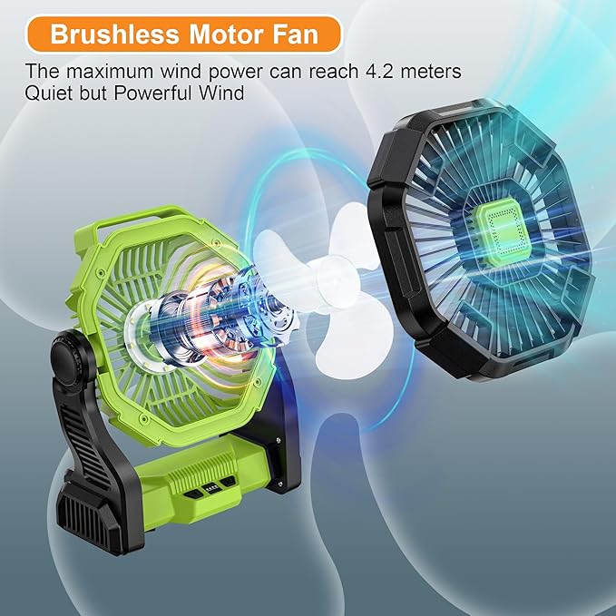 Battery Powered Fan -Camping Fan with Led Lantern, 12000mAh Portable Rechargeable, Battery Operated for Tent, Hook 4 Speed Quiet Personal for Desk, Travel, Fishing, Power Outage, Hurricane-Green