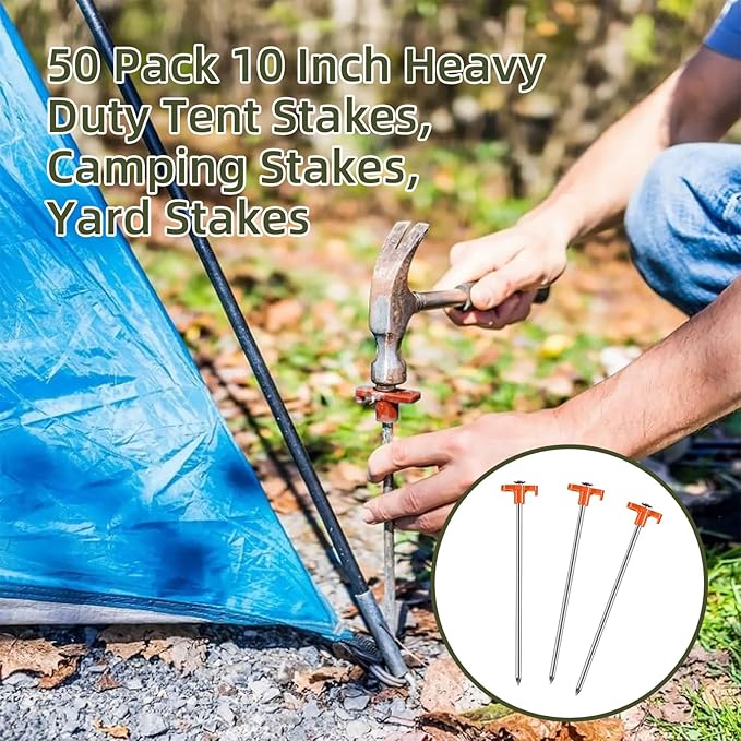 50 Pack Tent Stakes Heavy Duty 10 Inch Camping Stakes Yard Stakes Metal Tent Pegs for Ground Stakes Tent Spikes for Camping Garden Yard (Orange)