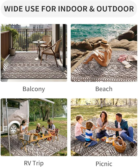MontVoo-Outdoor Rug Carpet Waterproof 6x9 ft Reversible Patio Rug RV Camping Rug-Plastic Straw Rug Outside Indoor Outdoor Area Rug for Patio Deck Balcony Picnic Beach Outdoor Decor Boho Beige Brown