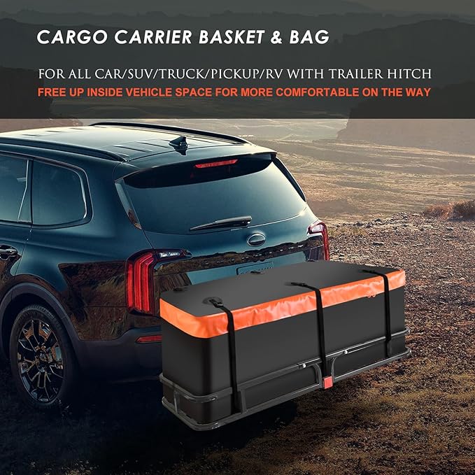 MeeFar Hitch Mount Cargo Carrier Basket 53" x19" x 5"+Waterproof Cargo Bag (51" x17"x 18"),Hauling Weight Capacity of 500 Lbs fit on 2 Inch Receiver with Hitch Stabilizer,Net and Straps