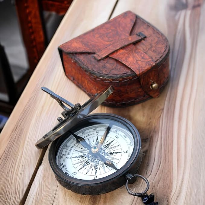 Nautical Camping Hiking Handmade Direction Compass Antique Brass Sundial Style Compass with Leather Case Gifts for Graduation, Baptism, Confirmation Boys, Girls