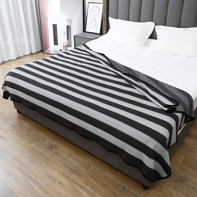 PuTian Merino Wool Blanket - 63" x 51" Thick Warm Soft Twin Bed Throw - Great for Camping, Outdoors, Travel, Car, Couch, All Seasons Grey Stripe